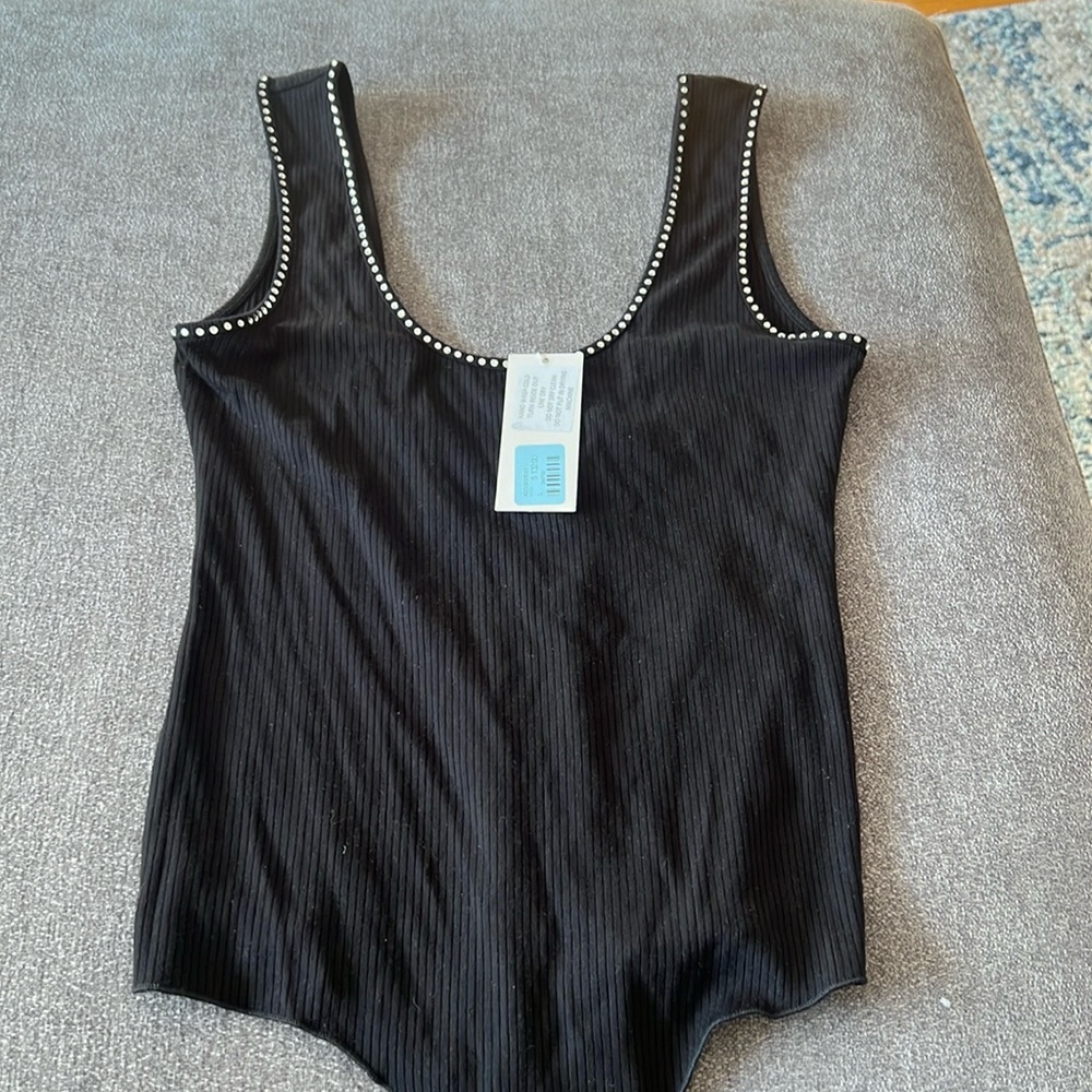 Black cotton bodysuit with rhinestones